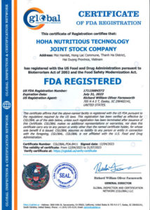 Giấy chứng nhận đăng ký US FDA (CGLOBAL) của nhà máy HOHA sản xuất CAXITO