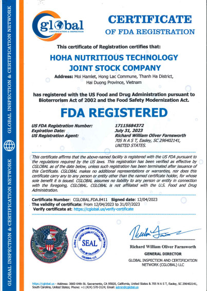 Giấy chứng nhận đăng ký US FDA (CGLOBAL) của nhà máy HOHA sản xuất CAXITO