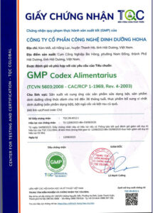 Giấy chứng nhận GMP Codex Alimentarius TCVN 5603 (TQC) của nhà máy HOHA