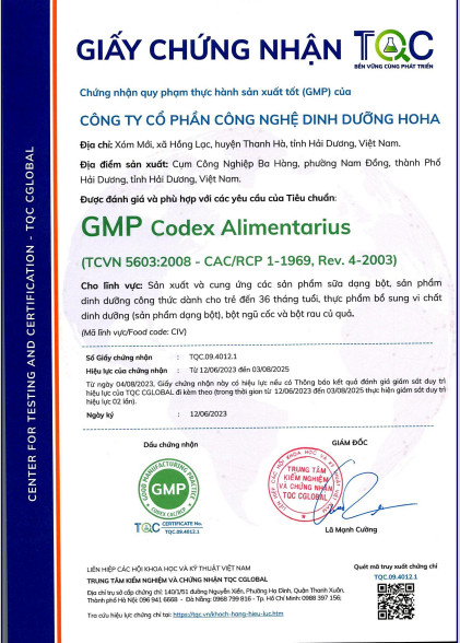 Giấy chứng nhận GMP Codex Alimentarius TCVN 5603 (TQC) của nhà máy HOHA