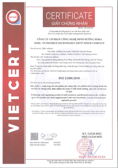 Giấy chứng nhận ISO 22000:2018 (VietCert) của nhà máy HOHA sản xuất CAXITO