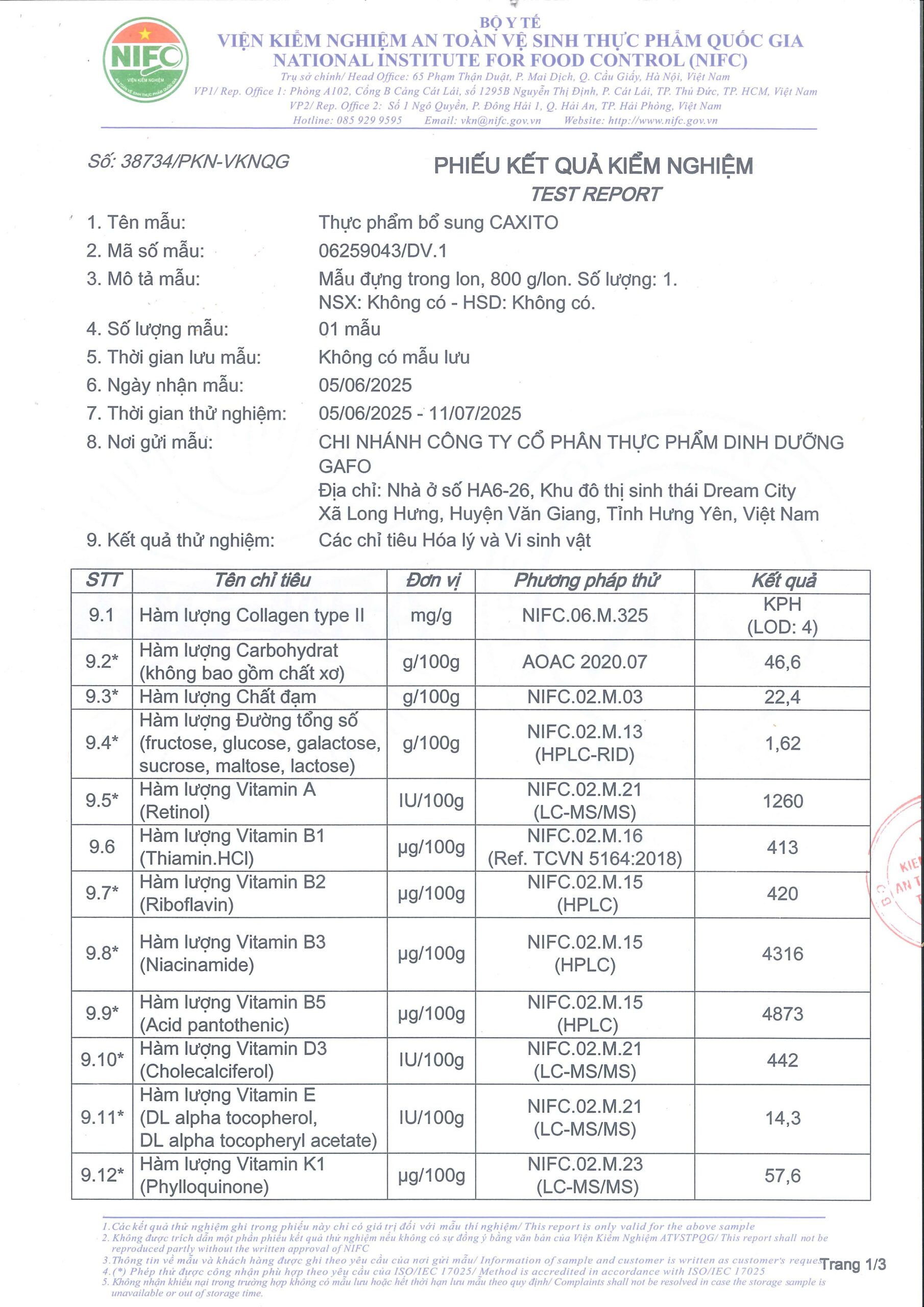 Phiếu kết quả kiểm nghiệm CAXITO tại Viện Kiểm nghiệm An toàn Vệ sinh Thực phẩm Quốc gia (NIFC) - trang 1