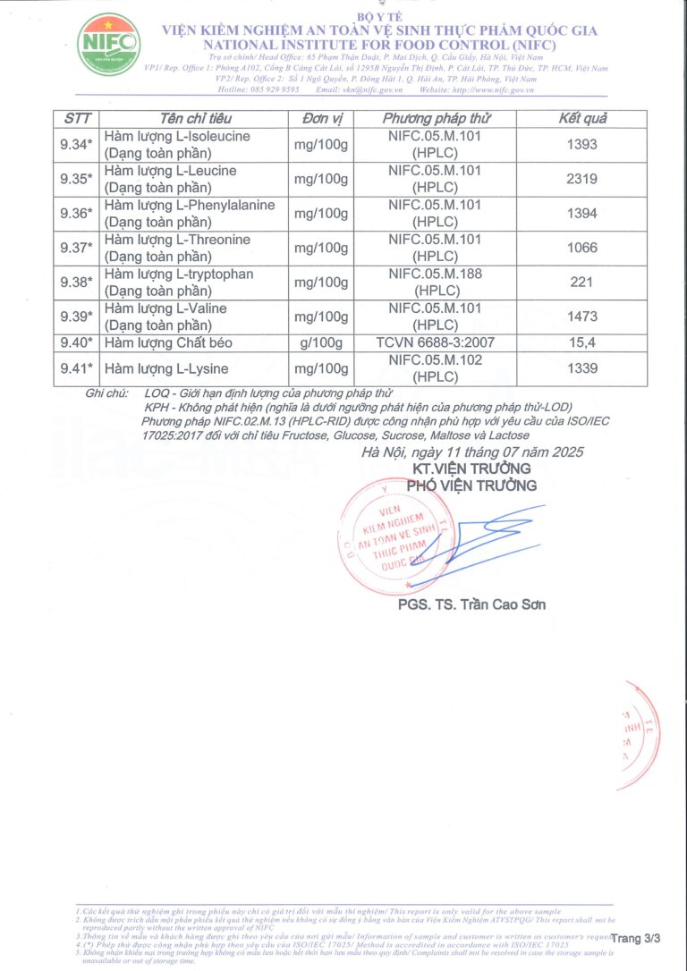 Phiếu kết quả kiểm nghiệm CAXITO tại Viện Kiểm nghiệm An toàn Vệ sinh Thực phẩm Quốc gia (NIFC) - trang 3
