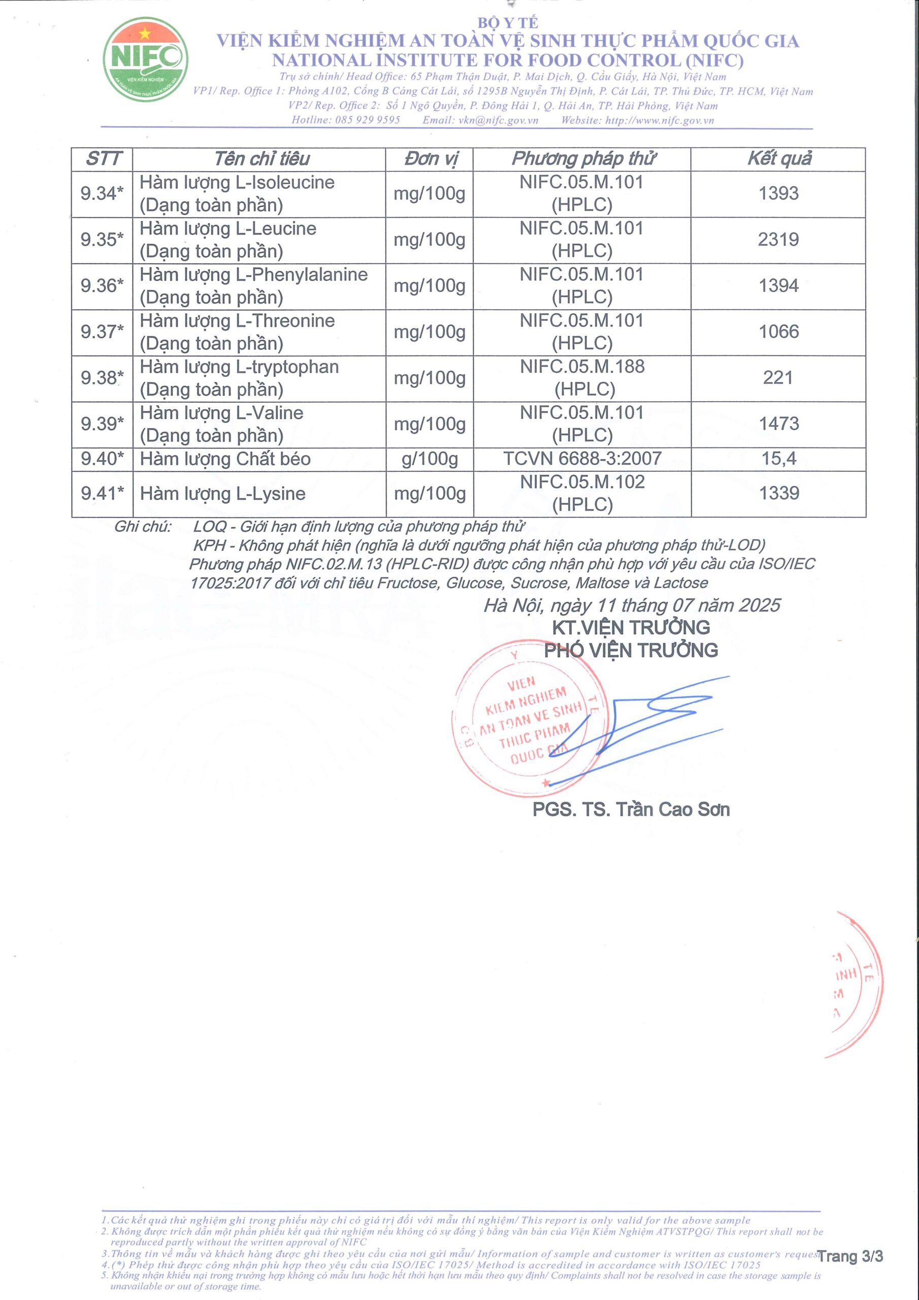 Phiếu kết quả kiểm nghiệm CAXITO tại Viện Kiểm nghiệm An toàn Vệ sinh Thực phẩm Quốc gia (NIFC) - trang 3